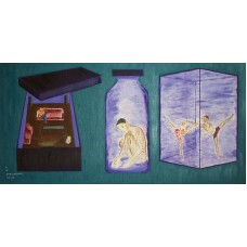 Social Paintings Domesticity  Oil painting on hardboard 1300mm x 690mm 45 mm wide pine moulding painted dark blue 