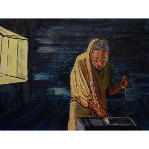 India Votes - A five year ritual of hope for millions  Acrylic on Canvas 407 mm X 305 mm Unframed,  Ready to Hang for Home and Office by artist C K Purandare