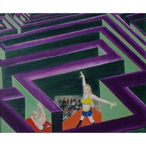 dancing in a maze   oil painting on canvas panel 645mm x 545mm framed,  40mm wide pine moulding painted in light green for Home and Office by artist C K Purandare