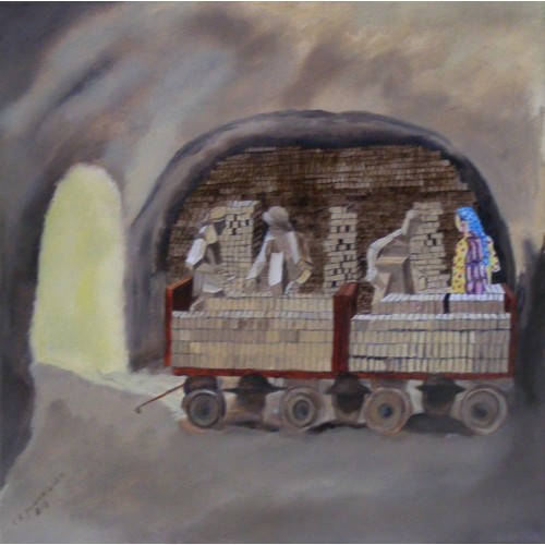 a kiln, a reporter and studio bosses  Oil on Box Canvas 400 mm X 400 mm Framed,  Ready to Hang for Home and Office by artist C K Purandare