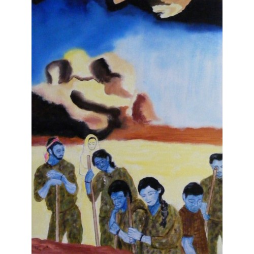 burial of a colleague  Oil on Box Canvas 300 mm X 400 mm Unframed,  Ready to Hang for Home and Office by artist C K Purandare
