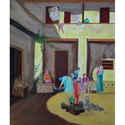 busy courtyard  Oil on Canvas 510 mm x 605 mm Unframed, Ready to Hang for Sale for Home and Office by artist C K Purandare