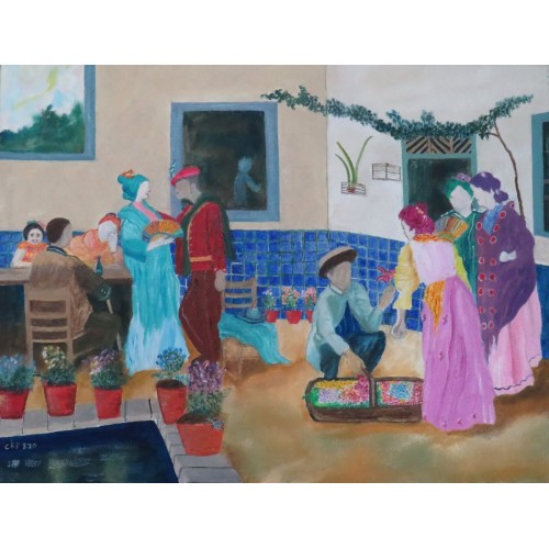 family, courting, haggling  Oil on Box Canvas 510 mm x 400 mm Unframed, Ready to Hang for Sale for Home and Office by artist C K Purandare