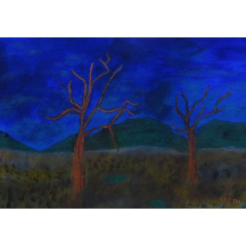 copper trees in dark  Oil on oil Paper 400 mm X 300 mm Unframed for Home and Office by artist C K Purandare