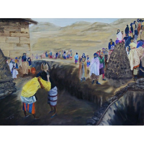 death in a village  Oil on Box Canvas 610 mm x 450 mm Unframed,  Ready to Hang for Home and Office by artist C K Purandare