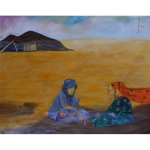now extinct - the innocent desert games  oil on canvas  Unframed for Home and Office by artist C K Purandare