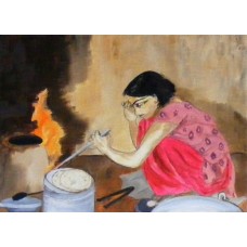 Contemporary Paintings eternal India-cooking Oil on Canvas 300 mm X 230 mm Unframed,  Ready to Hang 