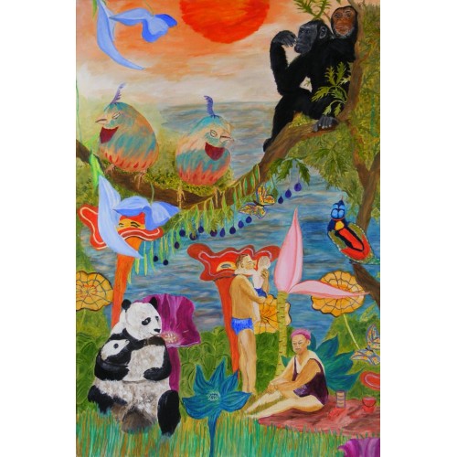 family picnic  Oil on Box Canvas 505 mm X 705 mm Unframed,  Ready to Hang for Home and Office by artist C K Purandare