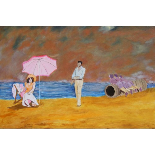 five on a beach  Oil on Canvas 750 mm X 500 mm Unframed,  Ready to Hang for Home and Office by artist C K Purandare