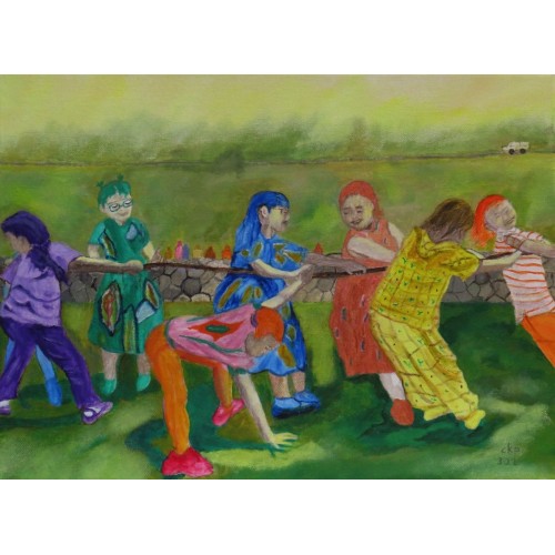 girls having fun  Oil on Box Canvas 406mmX305mm  Unframed, Ready to Hang for Home and Office by artist C K Purandare