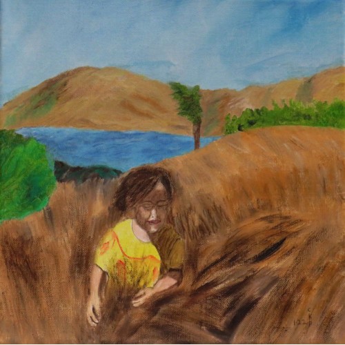 haygirl   Oil on Box Canvas 300mm X 300 mm Unframed, Ready to Hang for Home and Office by artist C K Purandare
