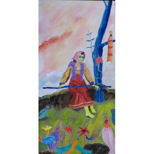 her court  Oil on Box Canvas 255 mm X 510 mm Unframed, Ready to Hang for Sale for Home and Office by artist C K Purandare