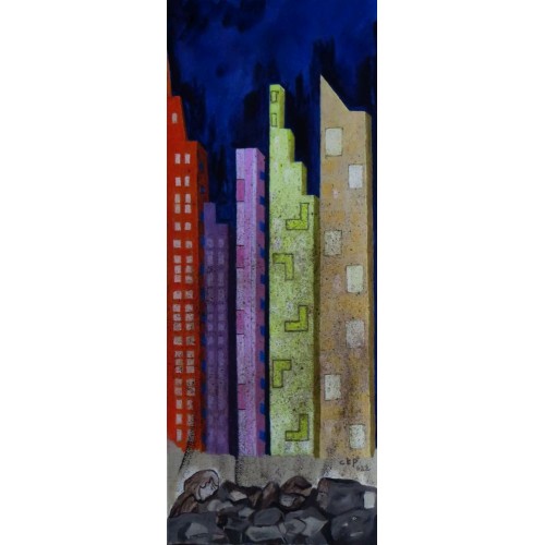 highrises and the heap   Oil on Box Canvas 300 mm X 600 mm Unframed, Ready to Hang for Sale for Home and Office by artist C K Purandare