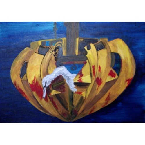 [man], swan and a machine  Oil on A3 oil-paper 535 mm X 435 mm Framed with glass – 535 mm X 435 mm for Home and Office by artist C K Purandare