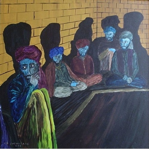 men in shadows  Acrylic on Canvas 650 mm X 650 mm  Framed - size – 710 mm X 710 mm for Home and Office by artist C K Purandare