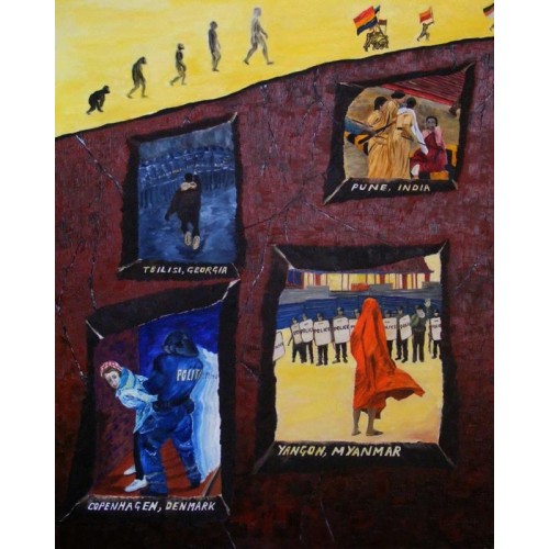 the nation-state : an evolutionary and a subterranean view  Oil on Box Canvas 800 mm X 1000 mm Unframed, Ready to Hang for Home and Office by artist C K Purandare