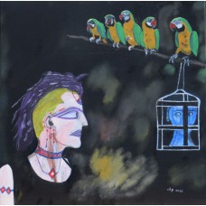 Musings Paintings parrots and women Oil on box Canvas 500 mm X 500 mm Unframed, Ready to Hang 