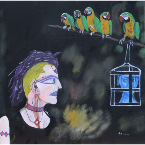 parrots and women  Oil on box Canvas 500 mm X 500 mm Unframed, Ready to Hang for Home and Office by artist C K Purandare