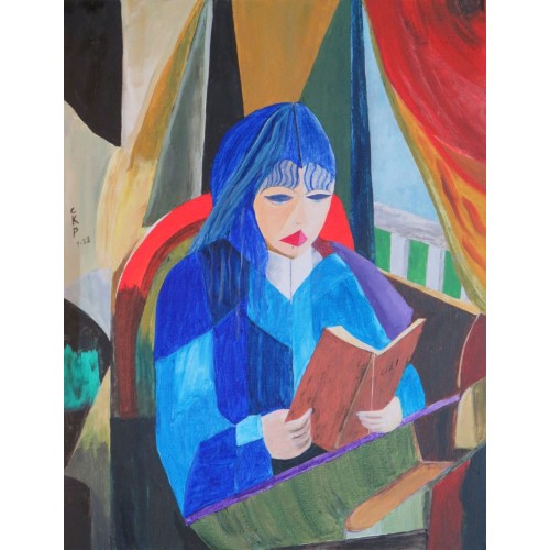 Reading  Oil on Box Canvas 350mm X 450mm Unframed, ready to hang for Home and Office by artist C K Purandare