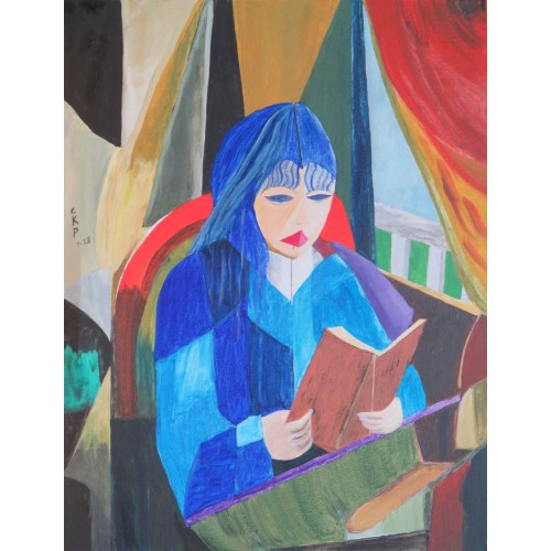 reading  Oil on Box Canvas 350 mm x 450 mm  Unframed, Ready to Hang for Home and Office by artist C K Purandare
