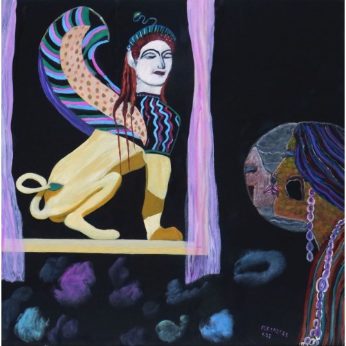 being self-obsessed, how would she notice the Sphinx in a nearby window!   Oil on box Canvas 600 mm X 600 mm Unframed, ready to hang for Home and Office by artist C K Purandare