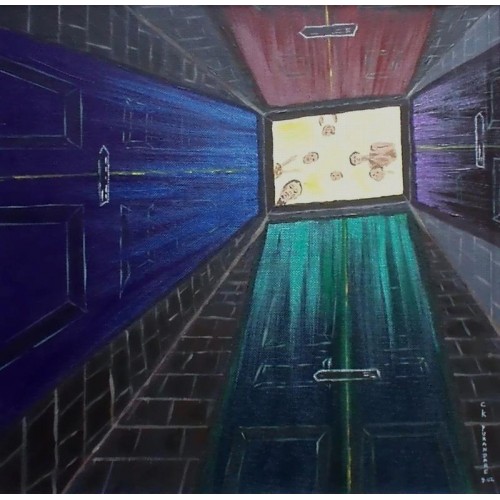 some doors are always closed  Acrylic Painting on Hardboard 655 mm x 655 mm Framed – homemade 35 mm wide pine moulding painted silver for Home and Office by artist C K Purandare