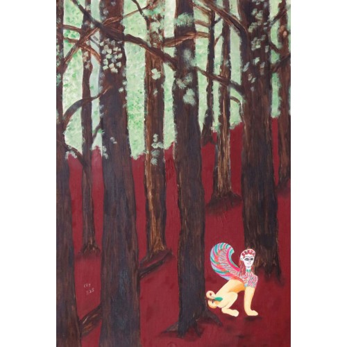 sphinx in woods  Oil on oil-paper 280mm X 415mm Unframed for Home and Office by artist C K Purandare