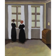 Social Paintings two women at a window oil on box canvas 500 mm X 700 mm Unframed, Ready to Hang 