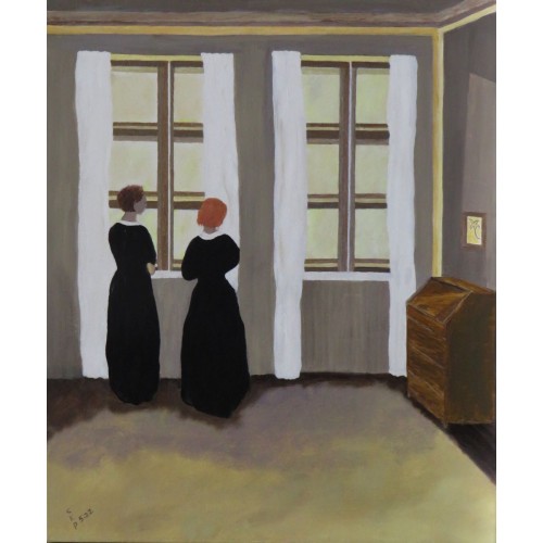two women at a window  oil on box canvas 500 mm X 700 mm Unframed, Ready to Hang for Home and Office by artist C K Purandare