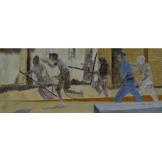 Social Paintings vigilantes, police and [possibly] an informer Oil on Box Canvas 500 mm X 200 mm Unframed, Ready to Hang 