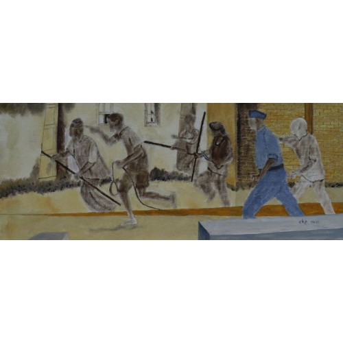 vigilantes, police and [possibly] an informer  Oil on Box Canvas 500 mm X 200 mm Unframed, Ready to Hang for Home and Office by artist C K Purandare